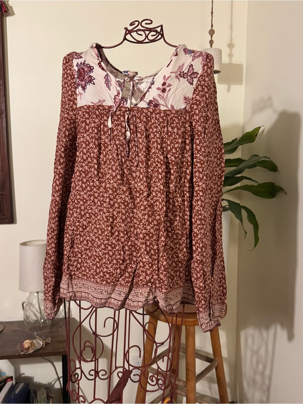 Maurices Rust Floral Peasant Tunic with Pink Yoke